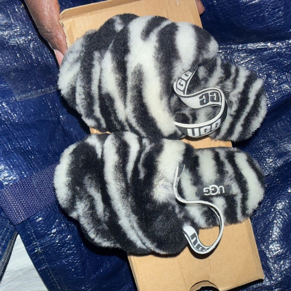 UGG Zebra-Striped Fuzzy Slippers